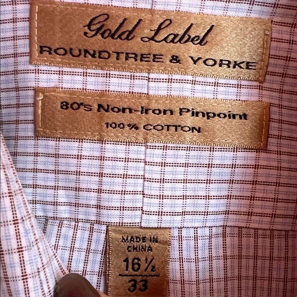 Roundtree & Yorke White Beige BlueDress Shirt with Beige and Blue Check - Picture 2 of 6